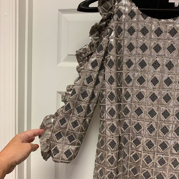 Intropia for Anthropologie Silver Sequin Club Cold Shoulder Dress sz 12 NWT - Picture 3 of 8